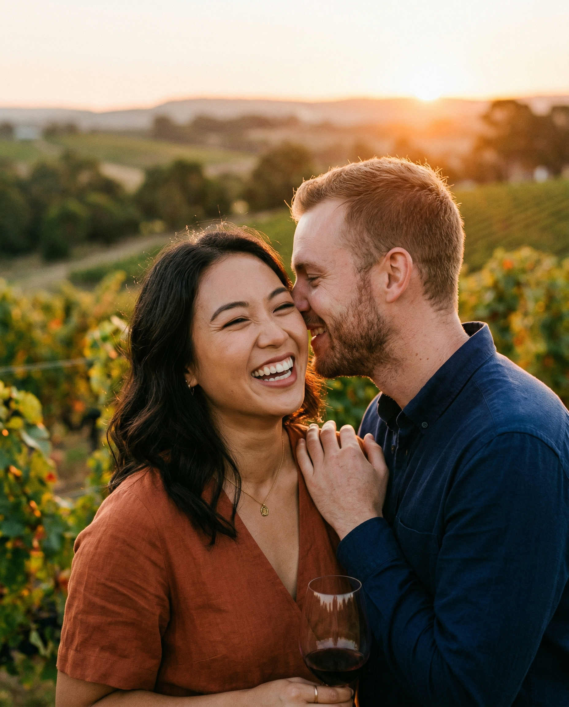 Mei laughing while Soren whispers to her