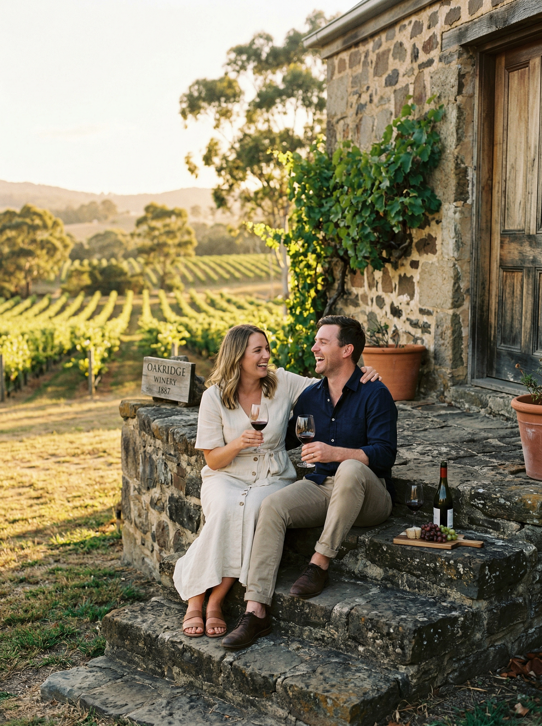 The couple sharing wine on old stone steps