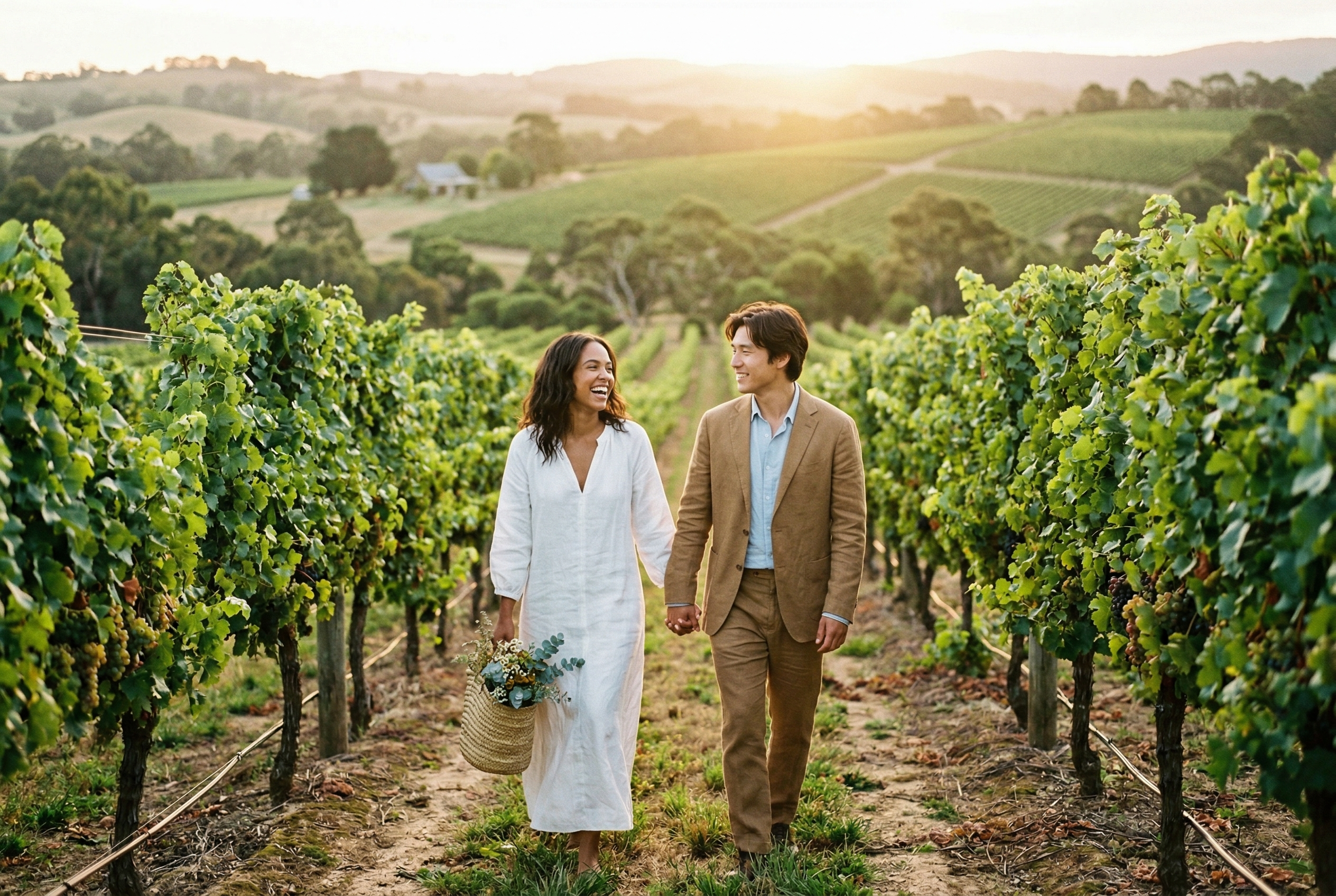 Mei and Soren walking through vineyard rows at golden hour