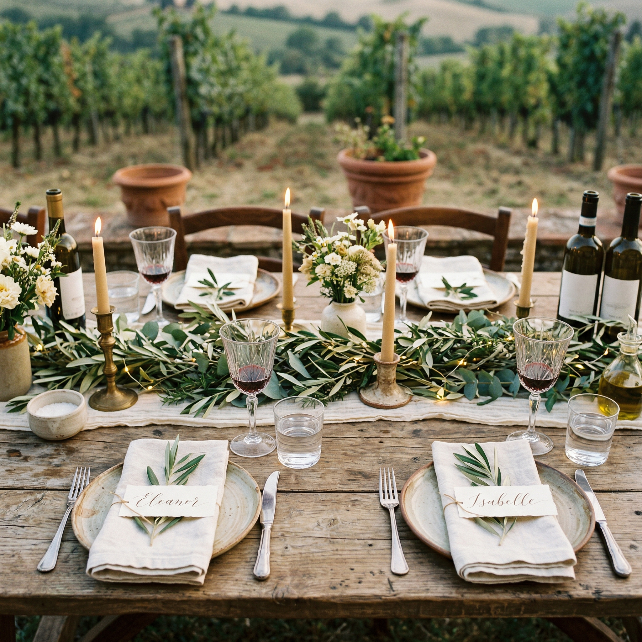 Overhead view of rustic wedding table setting with olive branches