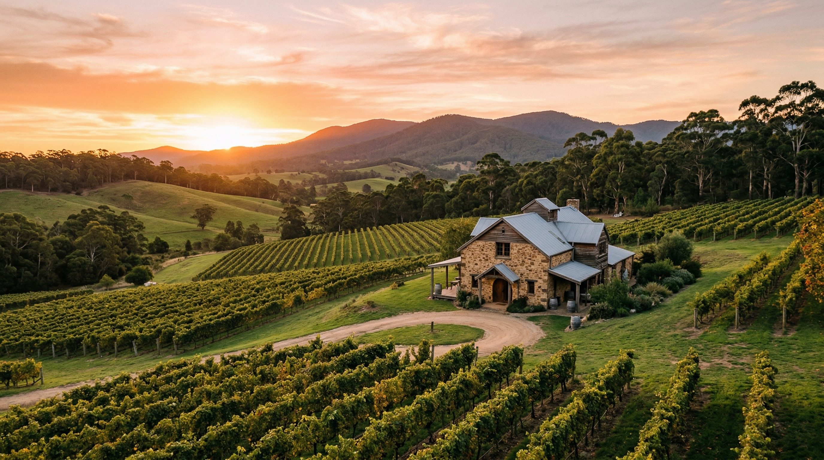 Zonzo Estate winery building at sunset